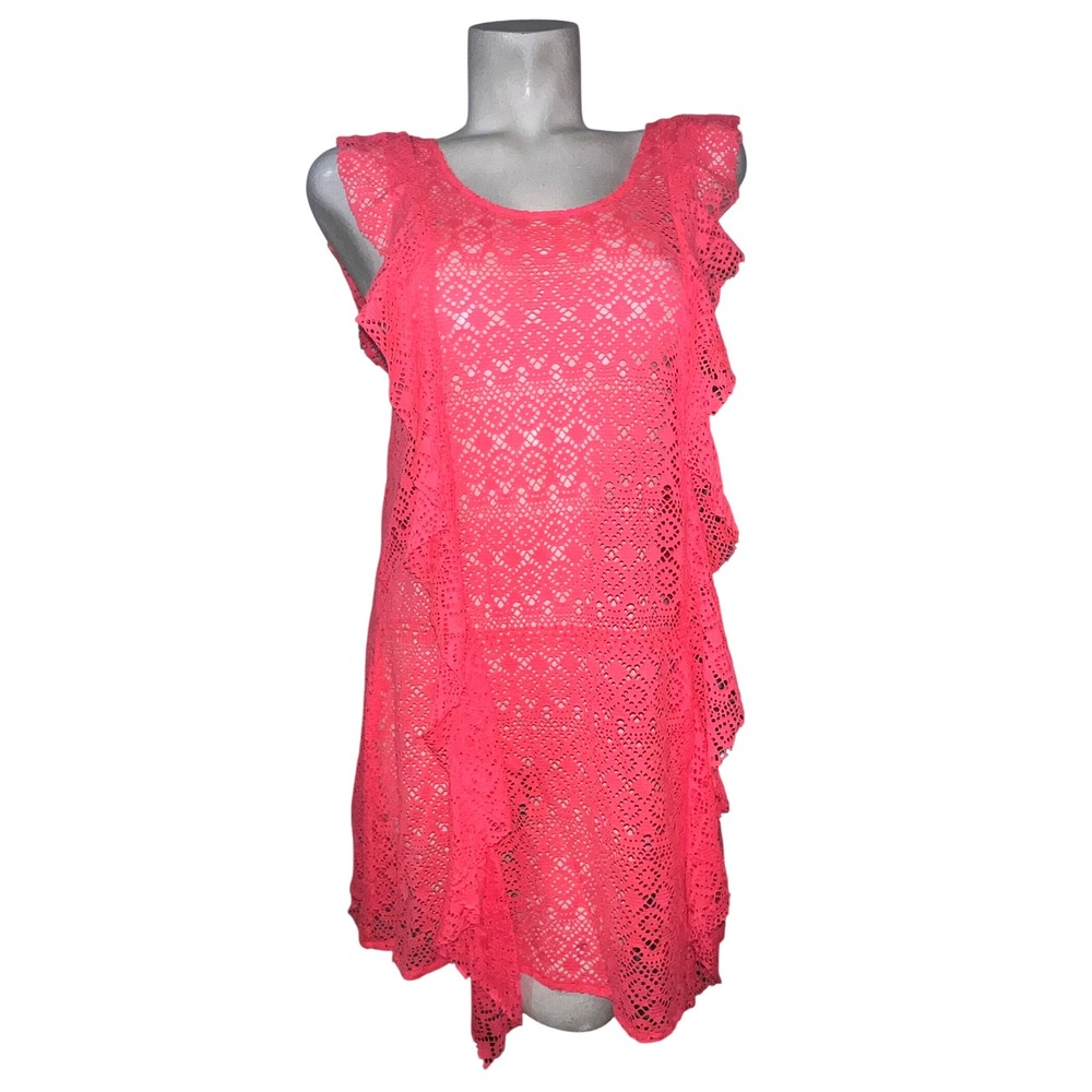 Victorias Secret Neon Pink Crochet Lace Ruffle Swim Cover Up Medium 10850356